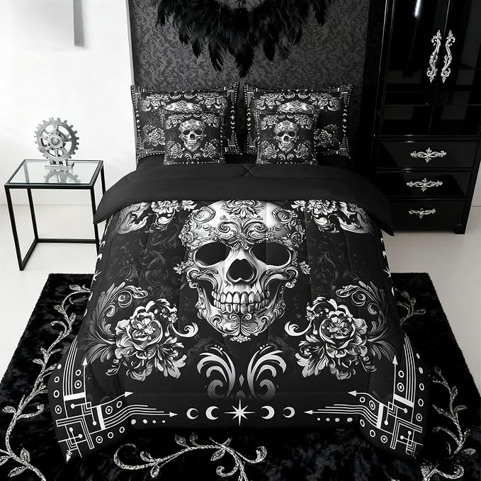 Gothic Skull Comforter Set 7 Pcs King Size,Halloween Flower Skull Bedding Set for Kids Boys Girls Teen Man Bedroom Decor with 1 Fitted Sheet 1 Flat Sheet 2 Throw Pillow Covers 2 Pillowcases,Black