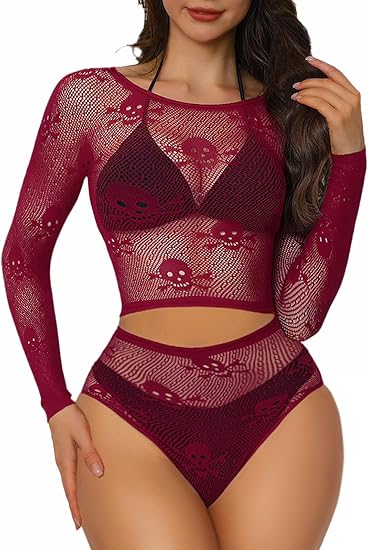 Buitifo Women Lingerie Set Mesh Skulls Top Blouse Cosplay Outfits - skull swimsuit
