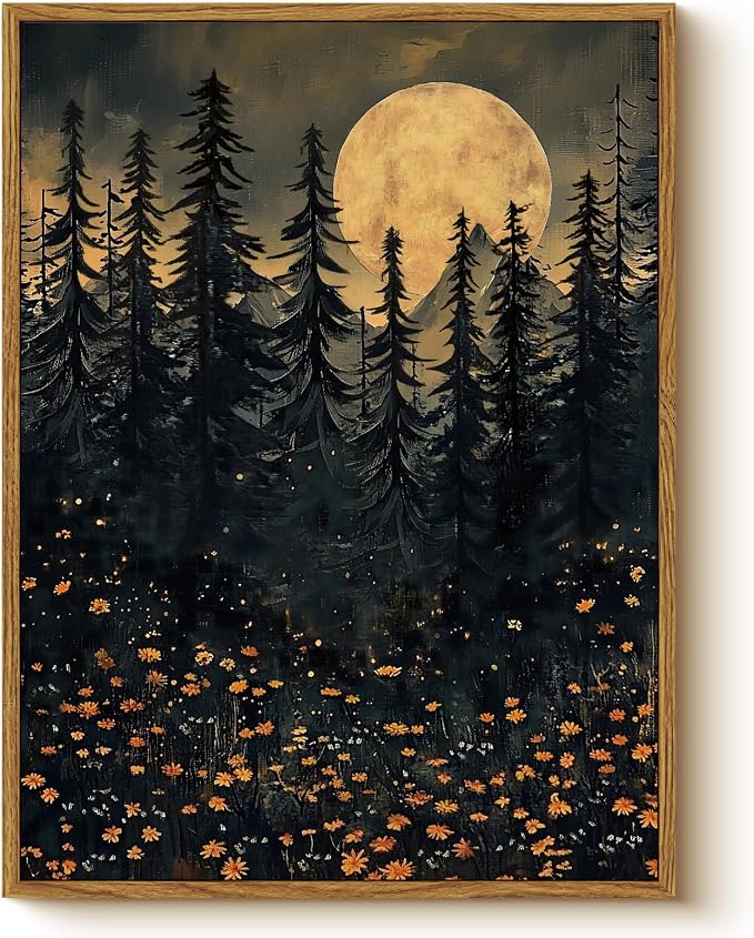 WHASAYART Framed Dark Forest Pine Trees Yellow Flowers Wall Art 12x16, Autumn Night Sky Full Moon Wildflowers Canvas Print, Rustic Fall Nature Gothic Aesthetic Halloween Bedroom Living Room Decor - skull wall art