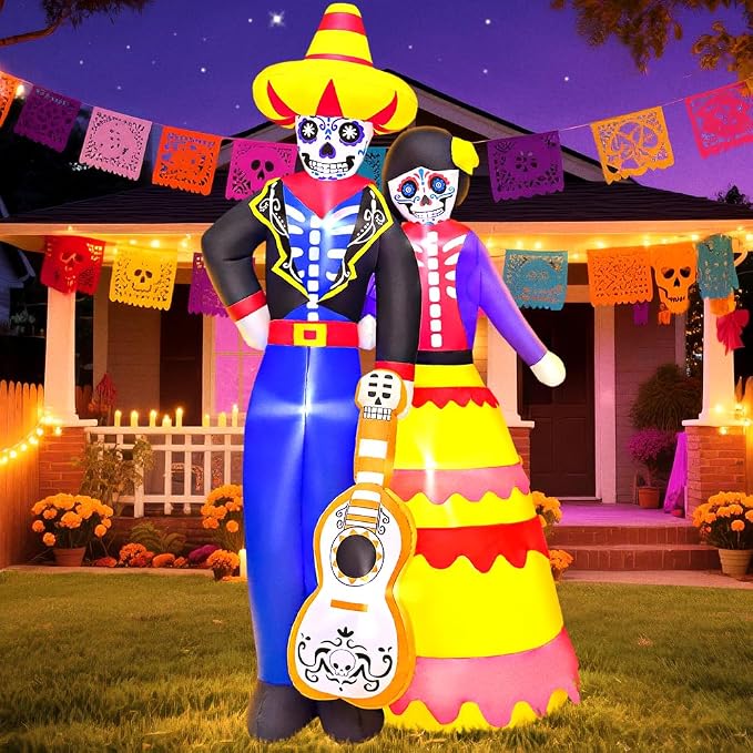 6FT Halloween Inflatable Decoration, Dia de Los Muertos Ghost Couple of The Dead Decorations, Built in LED Lights for Halloween Party, Indoor, Outdoor, Garden, Yard Lawn Décor - skull inflatable