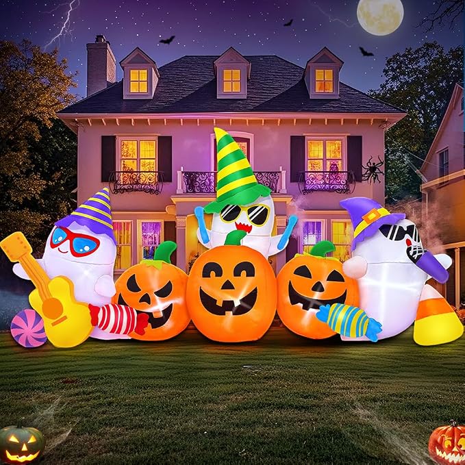 8FT Halloween Inflatable Decoration Ghost Pumpkin Band Decorations Outdoor Holiday Decor,LED Lights Blow Up Halloween Yard Decorations,Inflatables Outdoor for Holiday Garden Yard Lawn Décor - skull inflatable