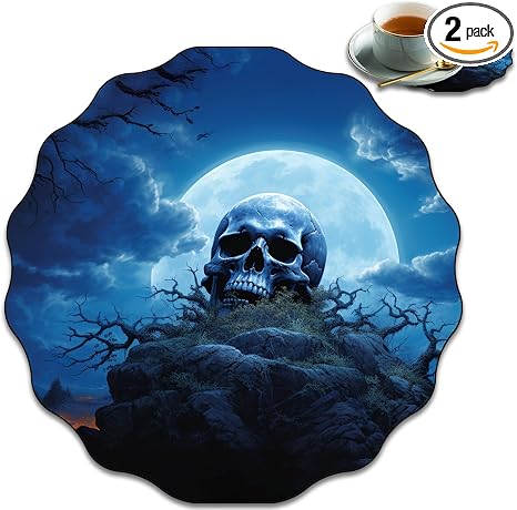 Stylish Lace-Shaped Mousepad and Coaster Set Design, 7.9x7.9 inch Non-Slip Rubber Base Mousepad,Suitable for Laptop, Games, Office and Home, Blue Skull Moon - skull coaster