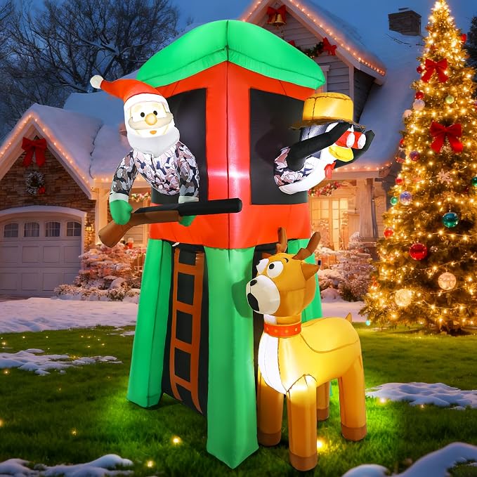 Christmas Inflatable Outdoor Decorations, 7FT Inflatables Camouflage Santa Claus Deer Hunter Yard Decor with Penguin, LED Lights Blow up Giant Reindeer for Holiday Indoor Outside Lawn Garden - skull inflatable