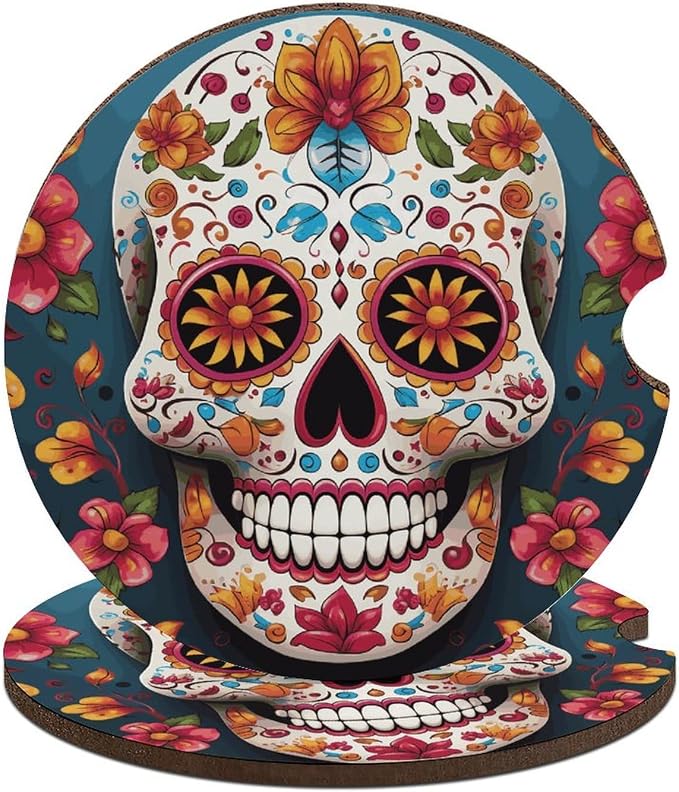 2-Pack Car Cup Coasters for Holders Absorbent Non-Scratch Cork Base with Finger Slot, 2.6" Colorful Sugar Skull Drink Coasters for Cars, Trucks, SUVs, Auto Accessories for Men & Women - skull coaster