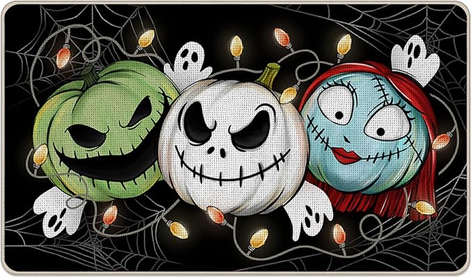 Pycat Halloween Decorative Front Door Mat, Spooky Green Monster Welcome - skull door mat