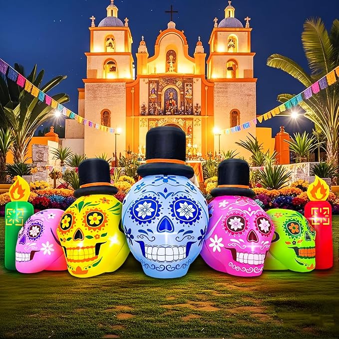 7FT Halloween Inflatable Blow Up Decorations, Dia de Los Muertos Decorations, Day of Dead Inflatable Sugar Skull Dia de Los Muertos, Built-in LEDs for Holiday Party, Garden, Lawn, Yard, Patio Décor