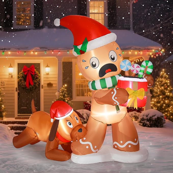 Christmas Gingerbread Man & Dog Inflatables Decorations Outdoor 5ft Funny Inflatable Blow Up Yard Decoration with Build-in LED Xmas Holiday Blow Ups Decor for Indoor Outside Garden Lawn Decor - skull inflatable