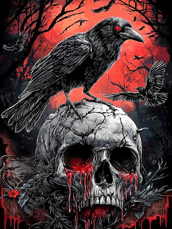 Mrnsiet Helloween Crow Diamond Painting Kits for Adults, 5D Skull with Blood Horror Diamond Art Kits for Beginners, DIY Full Drill Diamond Kits Gem Arts Crafts for Home Wall Decor 12 x 16 Inch - skull painting