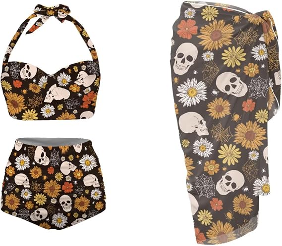 Yewattles Women's 2 Piece Two Piece High Waisted Bikini Set Bathing Suits with Cover Up Beach Sexy Vacations Summer Swimsuit - skull swimsuit