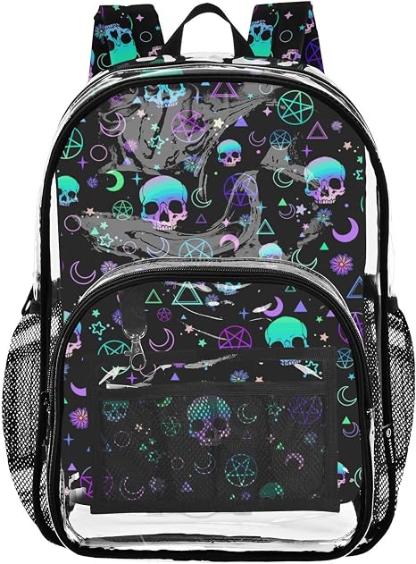 Magic Skull Print Clear Backpack See Through Bookbag, 12L - skull backpack