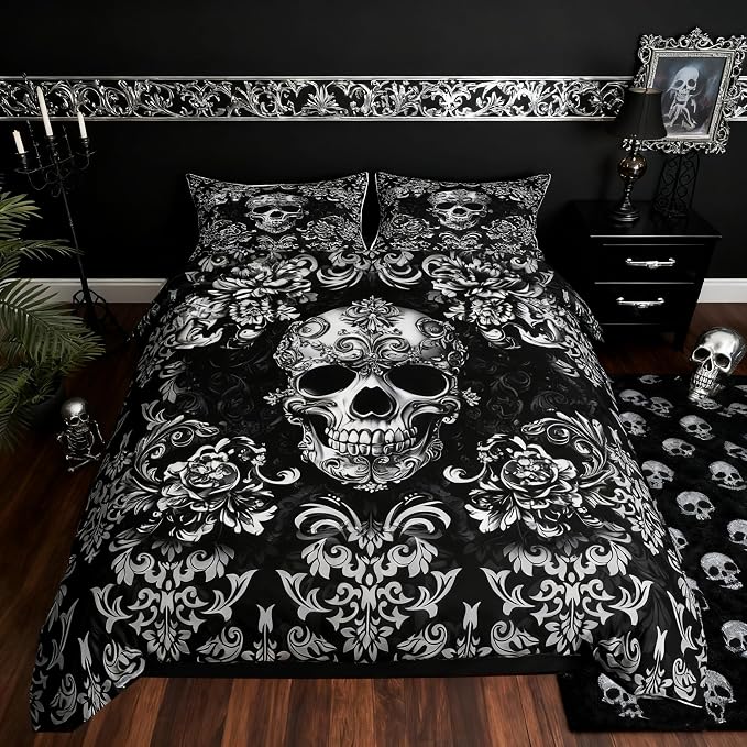 Damask Floral Duvet Cover Sets Queen Size,Gothic Skull Bedding Sets for Kids Boys Girls Teen Man Bedroom Decor,Black Grey Skeleton Quilt Cover Retro European Style Bedspread,2 Pillowcases