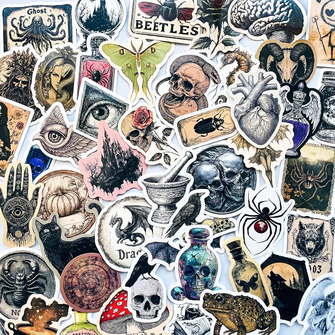 50-Piece Gothic Dark Academia Sticker Pack – Vintage Spooky Medieval, Occult, Supernatural, Witchcraft Goth Decals for Laptop, Journal, Water Bottle, Scrapbook - skull sticker