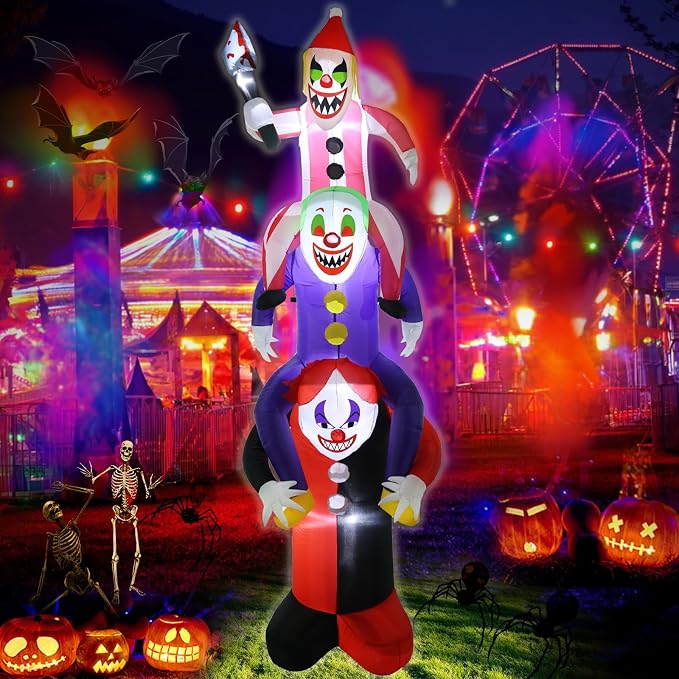 LETIME 8FT Halloween Inflatables 3 Scary Clowns Stacked in Human Ladder - skull inflatable