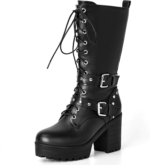 Mid Calf Combat Boots Goth Chunky Platform Biker Booties for Women - sugar skull costume