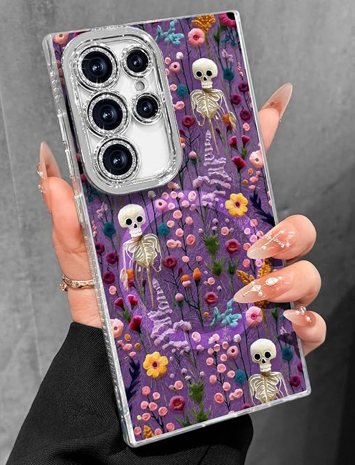 Toycamp for Samsung Galaxy S24 Ultra Case - Compatible with Magsafe Aesthetic Cute Holographic Galaxy S24 Ultra Case with Diamond Bling Lens Protector Cover for Women Girls, Skull Flower - Skull phone case