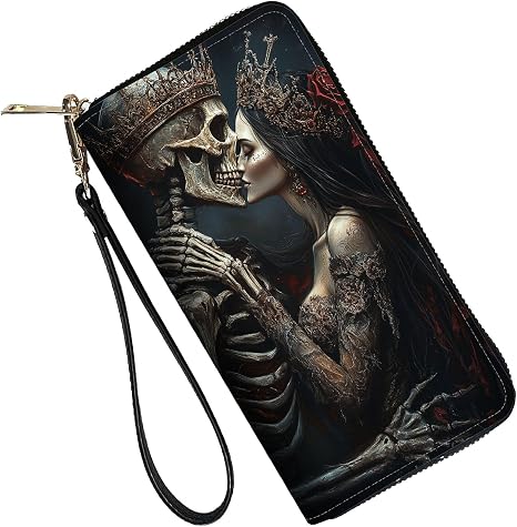 RFID Blocking Leather Wallet for Women – Large Capacity Zip Around Clutch with 8 Card Slots,15 Cash Pockets & Coin Zipper,Skeleton Couple Love Scene - skull wallet