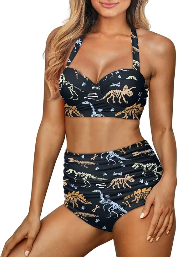 Halter Ruched Swimsuit Set of 2 Womens High Waisted Bikini Sexy Tummy Control Two Piece Swimsuits S-2XL - skull swimsuit