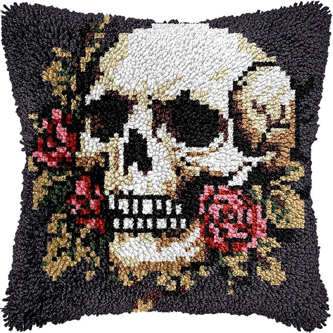 Skull & Rose Latch Hook Kits Pillow Cover Set Sofa Cushion Latch Hooking Carpet Rug Acrylic Yarn Printed Pillowcase Craft Kits with Tools Home Decor 17 x 17 Inch(r200) - skull carpet