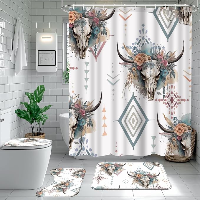 Ticuenicoa Western Cow Skull Shower Curtain Set, 4 Pcs 72x72 Inch Bathroom Decor with Bath Mat, U-Shape Rug, Toilet Lid Cover & 12 Rustic Hooks, Waterproof Anti-Slip Design - skull toilet mat