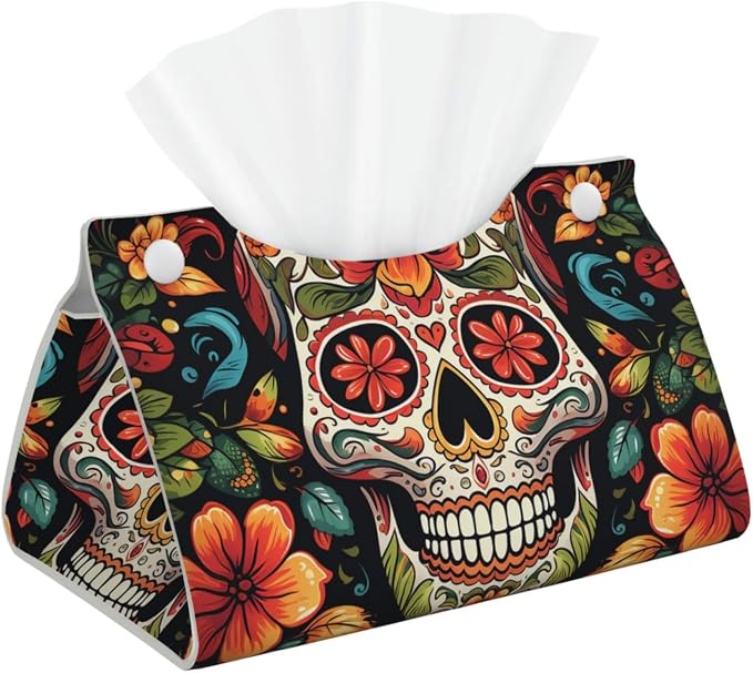 Colorful Sugar Skull Tissue Box Cover Pu Leather Waterproof Tissue Box Holder Modern Rectangular Tissue Case Paper Holder Decorative Organizer for Car Bathroom Bedroom Office Tabletop Decor - skull toilet paper