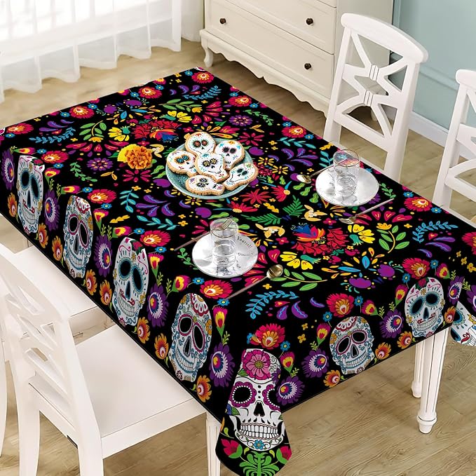 Dia De Los Muertos Sugar Skull Flower Rectangle Tablecloth 52x - skull plate