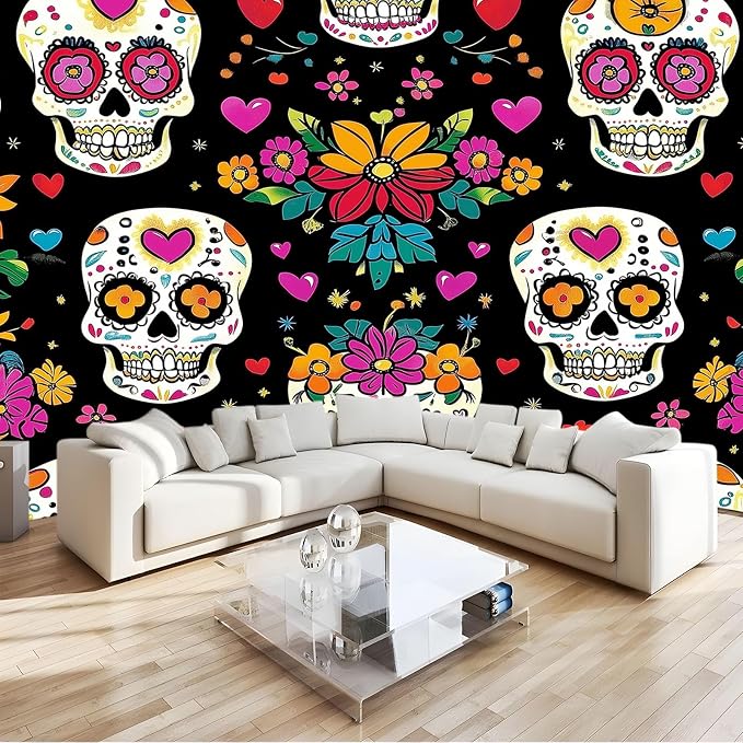Mural Wallpaper 127" x 96" Mexican Sugar Skull Pattern Wall Decor Murals Stickers for Kids Girls Toddler Bedroom Living Room Playroom Wall Murals Large Photo Wallpaper - skull sticker