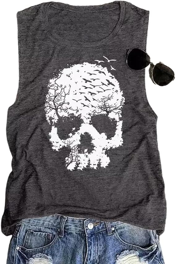 Skull Shirts for Women Funny Gothic Graphic T-Shirts Novelty Horror Tee Casual Athletic Tops - skull tank tops