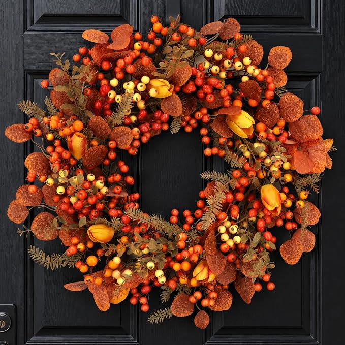 Thanksgiving Fall Wreath for Front Door 26 Inch Berries Autumn Wreaths