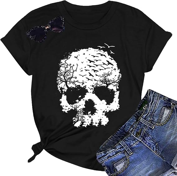 Skull Shirts for Women Funny Gothic Graphic T-Shirts Novelty Horror Tee Casual Athletic Tops - skull tshirt