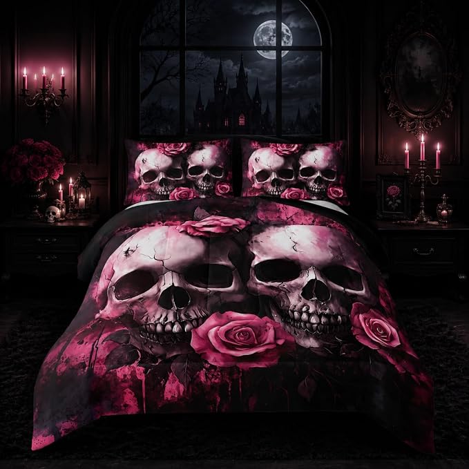 Nttopship Skull Comforter Set Full Size,Vintage Sugar Pink 3 Pcs Bedding for Kids and Adults,Gothic Skull Skeleton Flower Bedding for Bedroom Bed Decor Pink Comforter Set and 2 Pillowcases - skull bedding