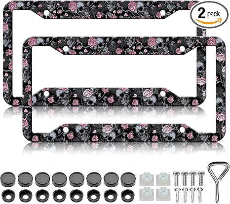 Skull License Plate Frame – 2 PCS Skeleton Flower License Plate Holder, Rust-Proof Aluminium License Plate Cover Decoration with Screws Caps for Standard Us 12×6 Inch