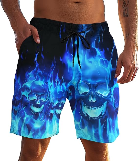 Men's Funny Cat Riding Unicorn with Gun Swim Trunks Boardshort Beach Shorts - skull swimsuit