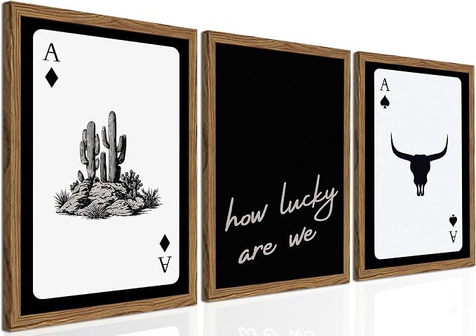 Western Wall Art Set of 3, Southwestern Cowboy Playing Card Wall Decor, Longhorn Bull Skull and How Lucky are We Poster Canvas Painting Prints for Bedroom Living Room 12×16 inch Wood Framed