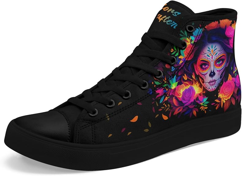 Women's Sugar Skull Canvas Sneakers - Mexican Catrina Art Fashion Shoes Gothic and Folk Art Casual High Tops - sugar skull boots