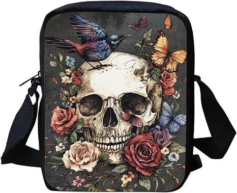 Goth Skull Messenger Bag Canvas Crossbody Shoulder Bag for Women Floral Cell Phone Purse for Travel Work Lightweight Crossbody Wallet - sugar skull handbags for sale