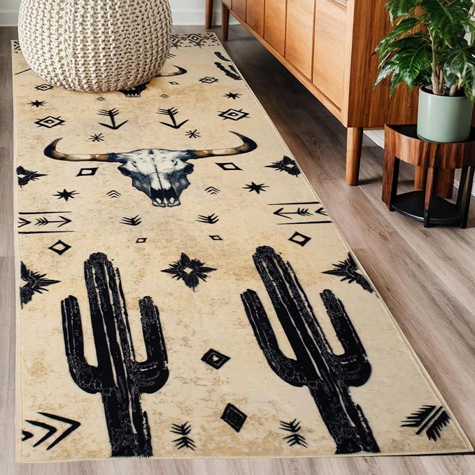 MUGINYU Western Aztec Runner Rug 2×6 for Bathroom Home Decor,Farmhouse Vintage Desert Cactus Bull Skull Area Rug,Cowhide Rug Cow Print Rug Non Slip Washable (Western Cactus)