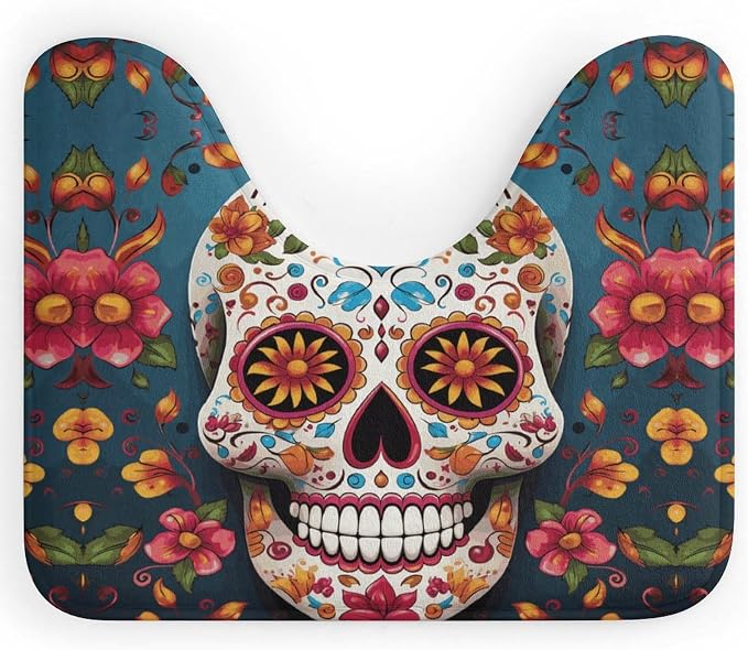 U-Shaped Toilet Rugs Absorbent Contour Rug Colorful Sugar Skull Bathroom Rugs Non-Slip Bath Mat Bathroom Mat Washable Bath Floor Rug for Toilet - skull toilet mat