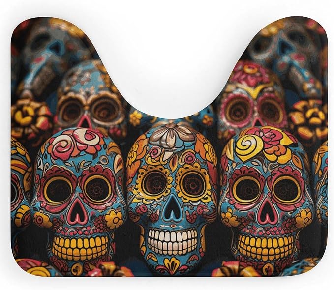 U-Shaped Toilet Rugs Absorbent Contour Rug Colorful Sugar Skulls Bathroom Rugs Non-Slip Bath Mat Bathroom Mat Washable Bath Floor Rug for Toilet - skull toilet mat