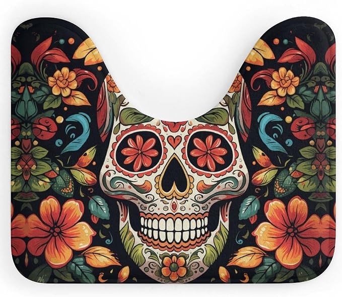 U-Shaped Toilet Rugs Absorbent Contour Rug Colorful Sugar Skull Bathroom Rugs Non-Slip Bath Mat Bathroom Mat Washable Bath Floor Rug for Toilet - skull floor mat
