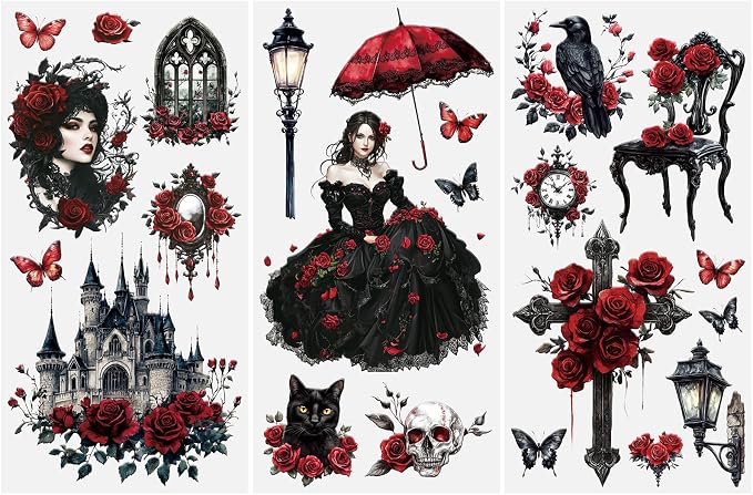 Rub On Transfers Sticker for Furniture and Crafts, 3 Sheets Vintage Goth Theme Decor Sticker Decals UV DTF 30x15cm Waterproof Furniture Transfers for Drawer Dresser - skull sticker