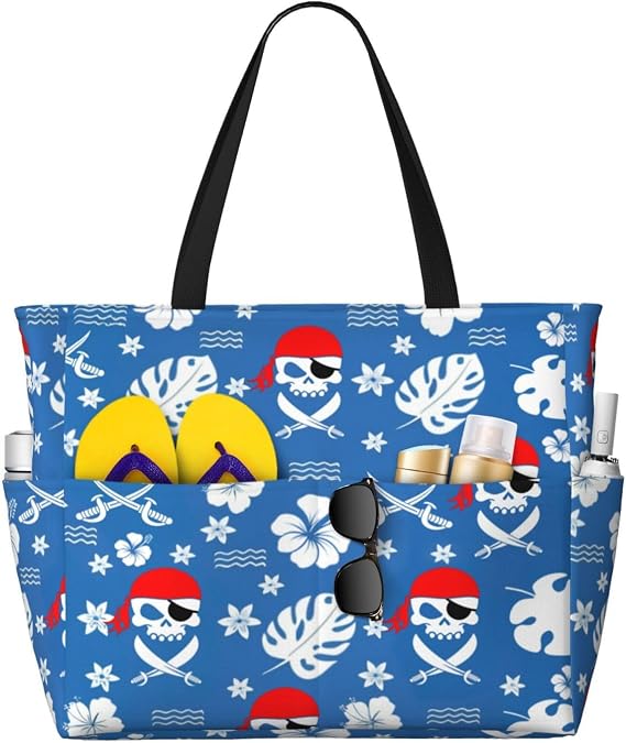 THE PIRATE KING Beach Tote Pool Bag for Women Waterproof and Sand-proof Large Capacity with Zippers for Travel Vacation Gym - sugar skull costume