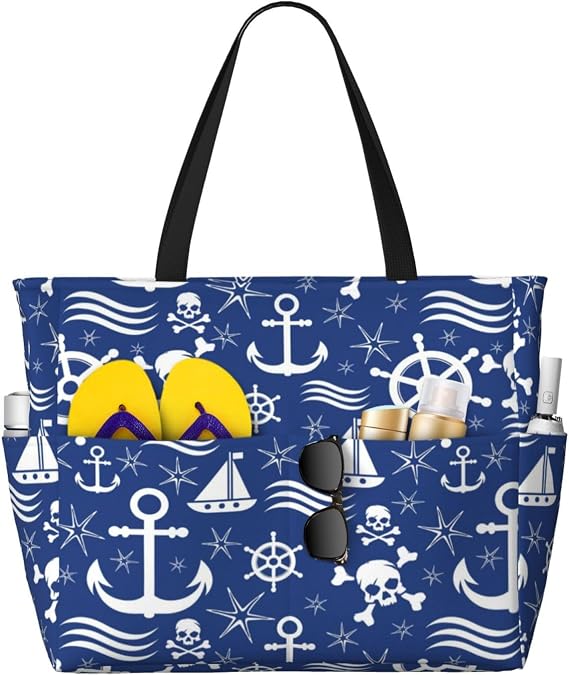 THE PIRATE KING Beach Tote Pool Bag for Women Waterproof and Sand-proof Large Capacity with Zippers for Travel Vacation Gym - skull suitcase