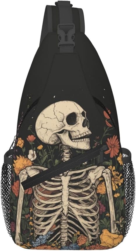 SUPLUCHOM Sling Bag Skeleton Flower Skull Vintage Hiking Daypack Crossbody Shoulder Backpack Travel Chest Pack for Men Women - sugar skull handbags for sale