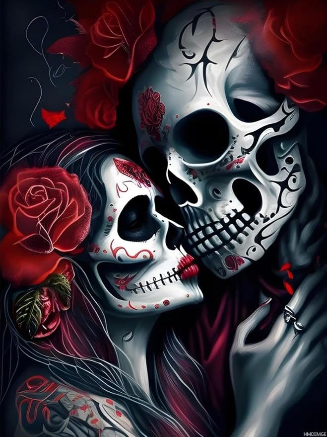 HMDIIMGE Rose Sugar Skull Couple Diamond Painting Kits, Day of The Dead Diamond Art for Adults, for Home Wall Decor Bedroom Decor or Gifts 12x16 inch - skull painting
