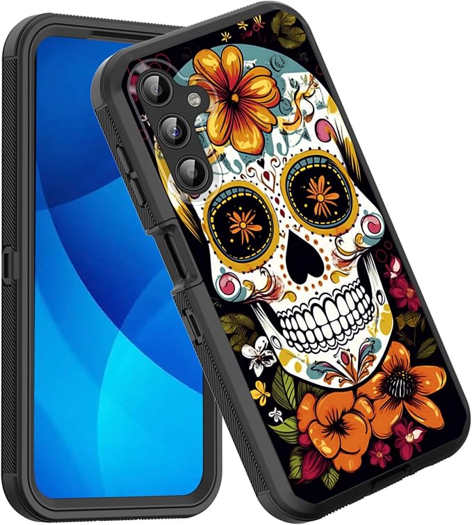 for Galaxy A16 5G Case,Shockproof 3-Layer Full Body Protection Rugged Heavy Duty High Impact Hard Cover Case for Samsung Galaxy A16 5G 6.7 inch 2024,Sugar Skull with Flowers - Skull phone case