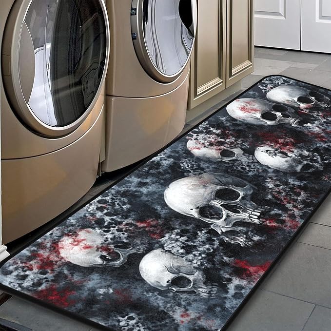 Skull Kitchen Room Mat, 20”x48” Laundry Room Rug Runner,Floor Mat Runner for Bathroom, and Mudroom