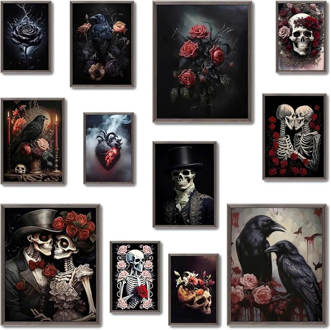 MAZUKO 12 Pcs Unframed Gothic Romance Skeleton Art – Spooky Macabre Decor