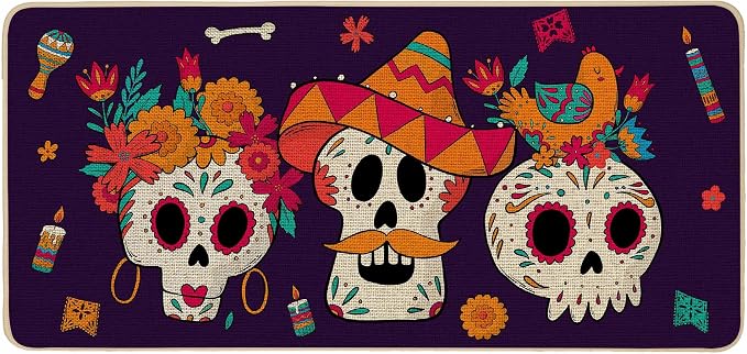 Day of The Dead Doormat Outdoor Outside,Dia De Los Muertos Front Sugar Skulls Doormats Non Slip Rubber Entrance Floor Door Mat for Halloween Holiday Indoor Decor 17x36 Inch - skull floor mat