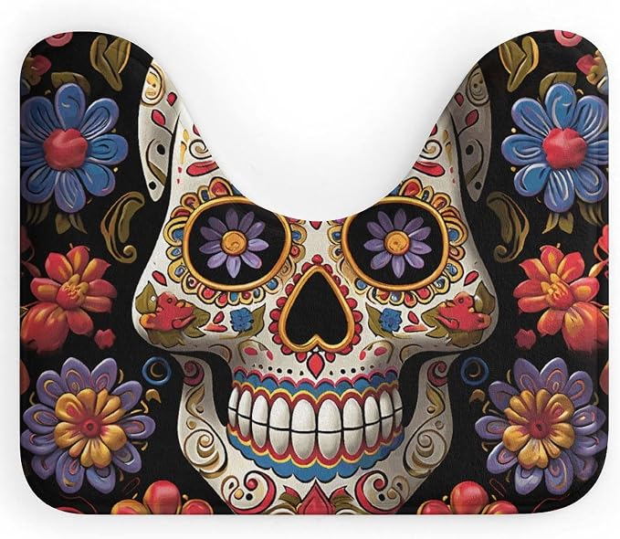 U-Shaped Anti Slip Toilet Floor Mat, Soft and Comfortable Sugar Skulls Printed Bathroom Floor Toilet Floor Mat - skull toilet mat