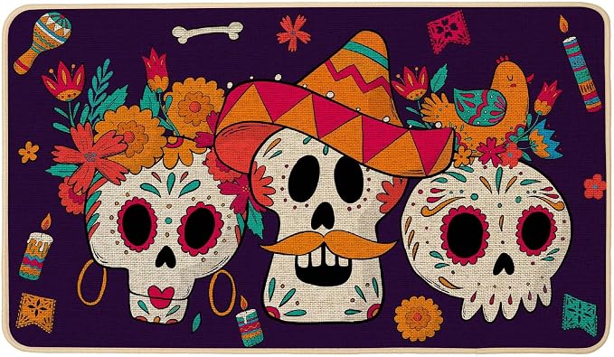 Day of The Dead Doormat Outdoor Outside,Dia De Los Muertos Front Sugar Skulls Doormats Non Slip Rubber Entrance Floor Door Mat for Halloween Holiday Indoor Decor 17x29 Inch - skull toilet mat